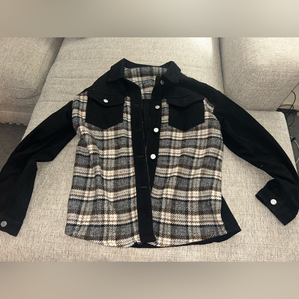 Plaid Button-Up Shacket with Black Sleeves